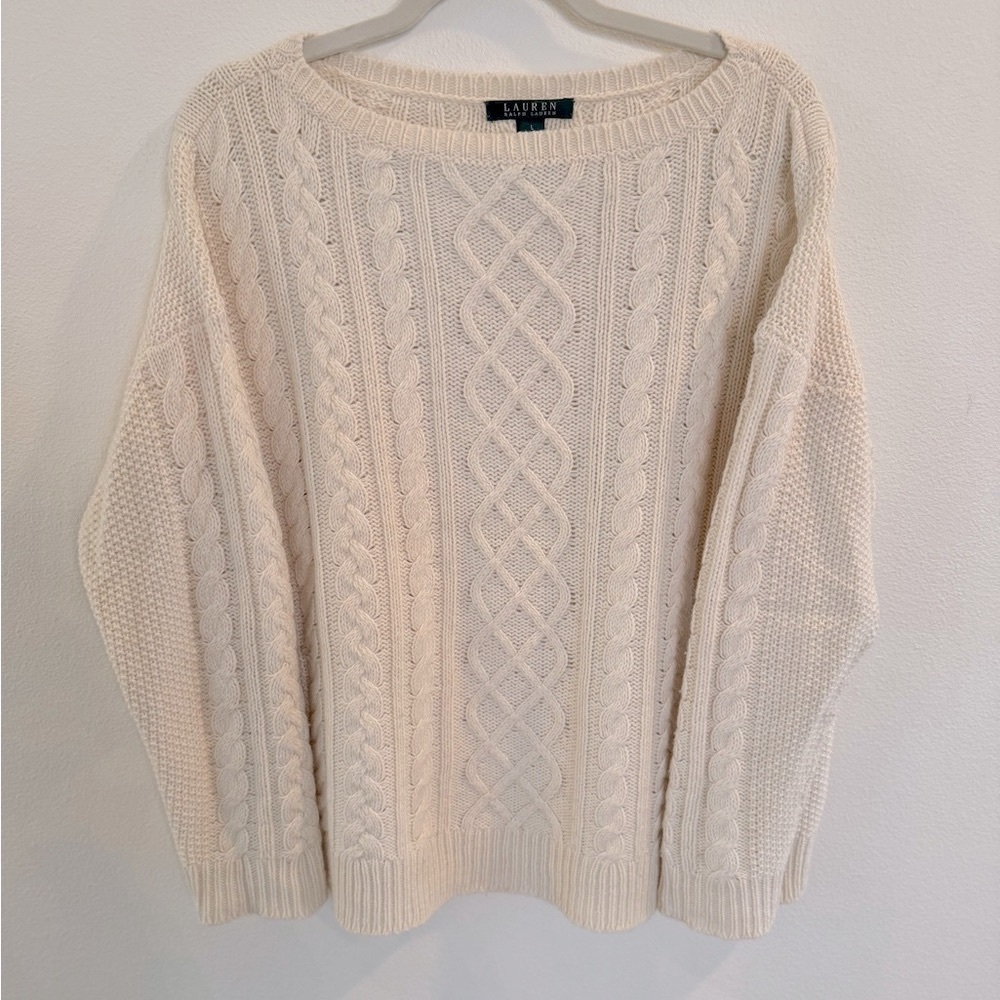 Ralph Lauren Women’s Fisherman Cable Knit Boatneck Sweater Cream Ivory Size L